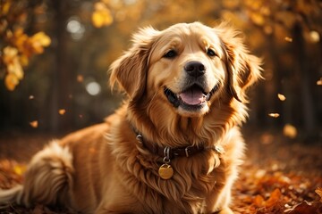 A joyful golden retriever with a beaming smile, basking in the warm glow of an abstract background.

