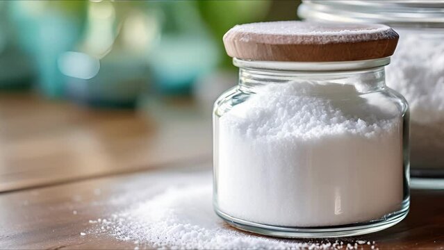 Closeup of a glass jar filled with homemade, nontoxic scrubbing powder made from baking soda and essential oils.
