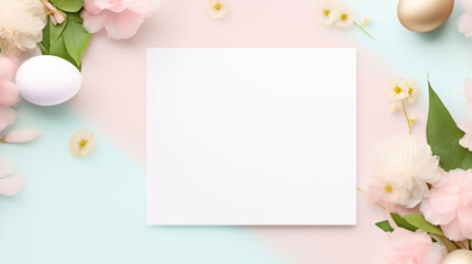 A fresh spring concept showcasing white and gold Easter eggs amidst soft pink blossoms on a pastel pink backdrop.