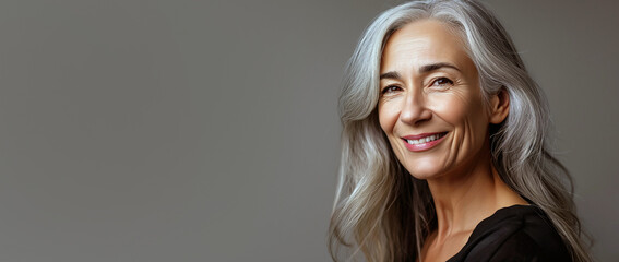 Portrait of an elegant mature woman with smooth healthy skin, long gray hair, and a joyful smile. Cosmetics and beauty advertising.	