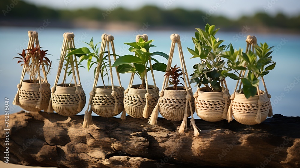 Poster six jute twine macrame plant hangers are hanging from a driftwood branch. some of them have wooden r