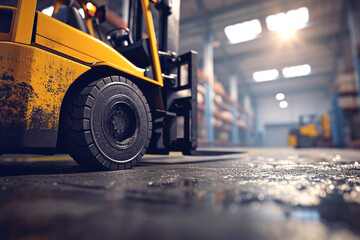 yellow forklift in motion in warehouse. Forklift between storage shelves, reliable heavy loader, truck. Heavy duty equipment, forklift.  AI Generated - obrazy, fototapety, plakaty