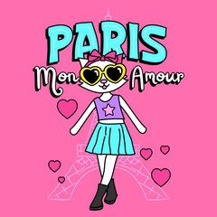 VECTOR ILLUSTRATION OF A FASHION CAT WITH GLASSES IN PARIS, SLOGAN PRINT