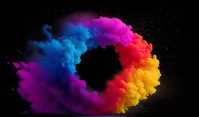 Explosion of multicolor powder color in circle shape in black background from AI Generative