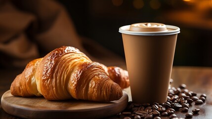Aromatic coffee in a paper cup paired with a flaky croissant. With copy space : Generative AI