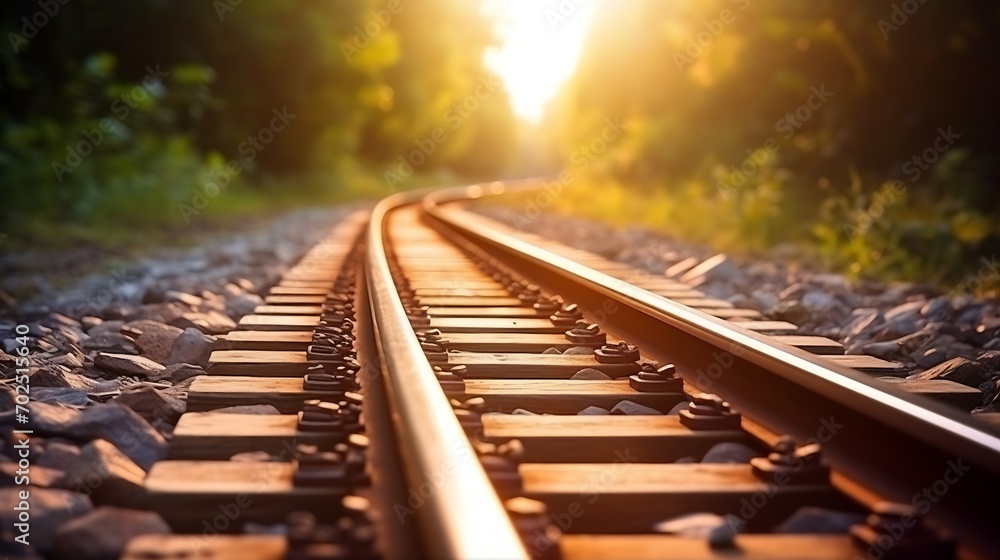 Poster close up and selective focus photo of railway track or railroad or rel kereta api with morning sunli