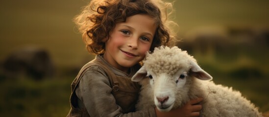 Child embracing sheep in the countryside