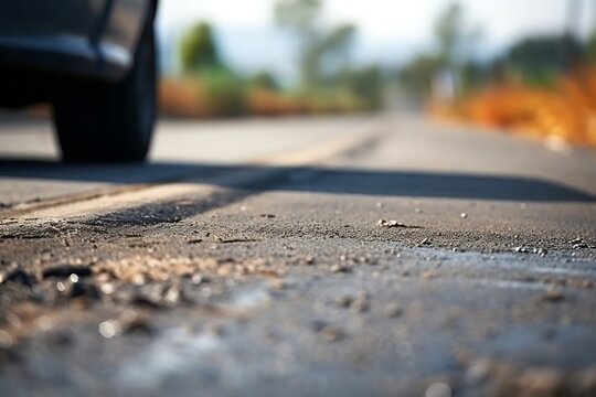Turning asphalt road with marking lines and tire tracks. Close up photo with selective focus : Generative AI