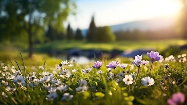 Blossom flowers in the meadow. Welcome spring concept image landscape close up. Green nature and environment concept. Copy space for text. Earth nature planet. Springtime. : Generative AI