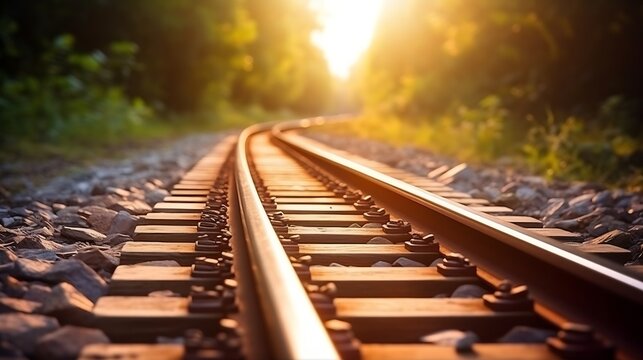 Close up and selective focus photo of railway track or railroad or rel kereta api with morning sunlight. : Generative AI