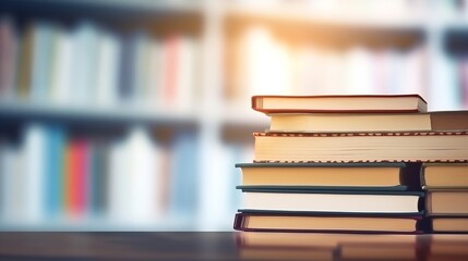 Fototapeta premium Book stack in the library room and blurred bookshelf for business and education background, back to school concept : Generative AI