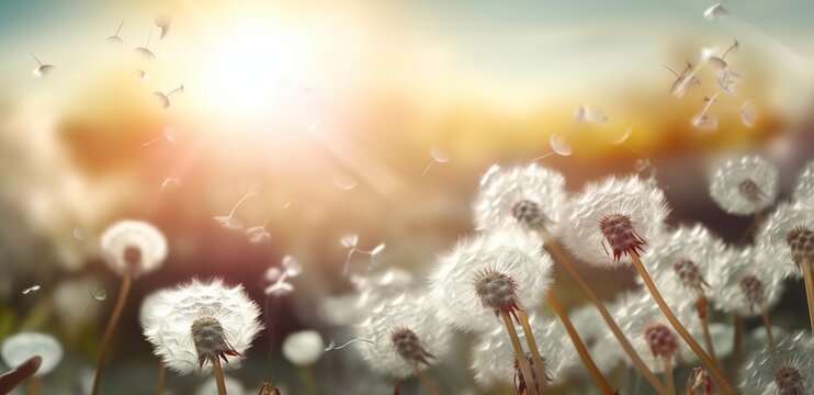 Dandelion Field in the Glow of Evening, Adorned with Bokeh, Where Nature's Beauty Meets Allergy Whispers. Made with Generative AI Technology