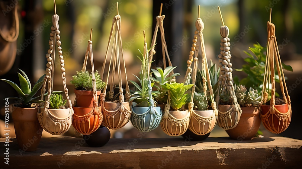 Poster six jute twine macrame plant hangers are hanging from a driftwood branch. some of them have wooden r