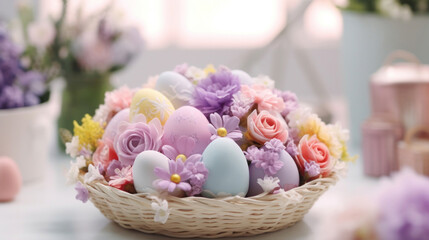 A charming Easter basket filled with pastel-colored eggs and a variety of delicate spring flowers, symbolizing festive joy.