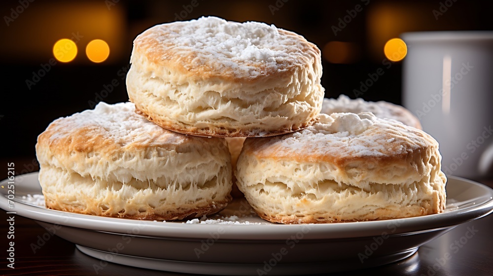 Poster Biscuit isolated on white. Biscuits are sprinkled with sugar. Crispy soft baked goods. Soft focus : Generative AI