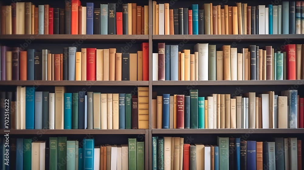 Leinwandbilder many open old multicolored books stand on the bookshelf : generative ai