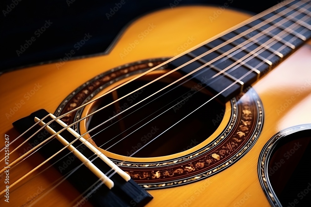 Poster musical instrument acoustic guitar with strings selective focus close-up : generative ai