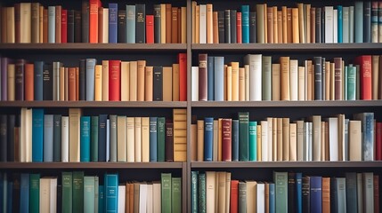 Many open old multicolored books stand on the bookshelf : Generative AI