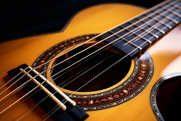 Fototapeta premium Musical instrument acoustic guitar with strings selective focus close-up : Generative AI