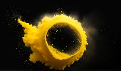 Explosion of yellow powder color in circle shape on black background. from AI Generative