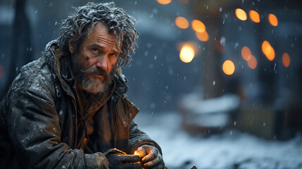 A Homeless Beggar Sitting on the Ground in a City Park, Depicting the Desperate Conditions Faced by the Poor, Hungry, Frozen, and Sick, Particularly the Elderly, During Winter