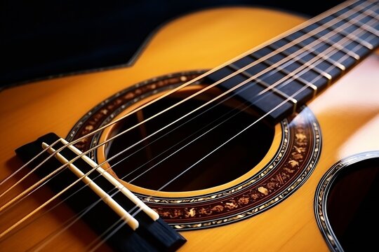 Musical instrument acoustic guitar with strings selective focus close-up : Generative AI