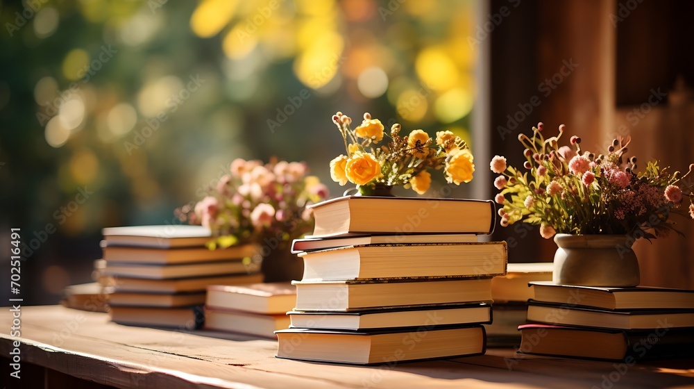 Poster a simple composition of many books, stack or pile of books on wooden table, one of them open with co
