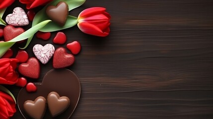 Valentines Day background with chocolates, hearts and red tulips : Generative AI
