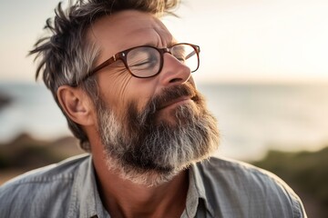 Close up portrait of mature 50s years old man outdoor with closed eyes wearing glasses and having beard. People and lifestyle. Healthy mental condition. Mindful and meditation. Worried : Generative AI