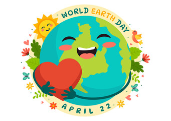 World Earth Day Vector Illustration on April 22 with World Map and Plants or Trees for Greening Awareness in Environment Flat Cartoon Background
