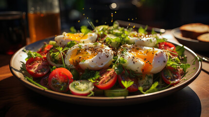 A Healthy Salad Packed with Fresh Vegetables, Chickpeas, and Feta, Topped Off with Delicious Poached Eggs