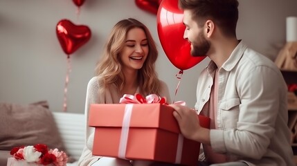 Beautiful young couple at home. Hugging, kissing and enjoying spending time together while celebrating Saint Valentine's Day with gift box in hand and air balloons in shape of heart on : Generative AI - obrazy, fototapety, plakaty