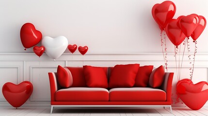 Interior of living room with sofa, tables and red balloons for Valentine's Day : Generative AI