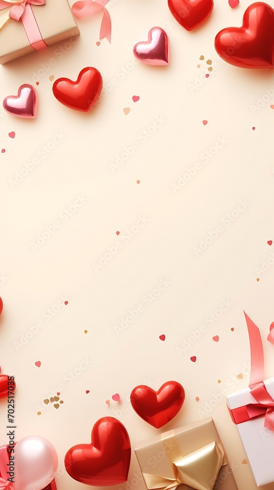 Poster valentine's day concept. top view vertical photo of gift boxes in wrapping with kiss lips pattern he