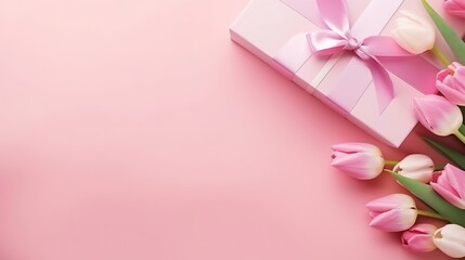 Mother's Day concept. Top view photo of stylish pink giftbox with ribbon bow and bouquet of tulips on isolated pastel pink background with copyspace : Generative AI