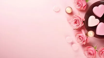 Tuinposter Valentine's Day concept. Top view photo of red roses heart shaped candles and saucer with chocolate candies on isolated pastel pink background with copyspace : Generative AI © Generative AI
