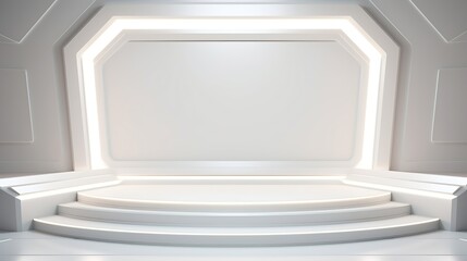 Soft light white abstract stage in elegant futuristic geometric style with simple lines and corners, polygons as background with white wood shelf for advertisement, presentation produc : Generative AI