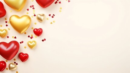 St Valentine's Day concept. Top view photo of heart shaped red yellow balloons and golden confetti on isolated pastel beige background with copyspace : Generative AI