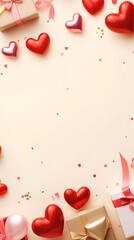 Valentine's Day concept. Top view vertical photo of gift boxes in wrapping with kiss lips pattern heart shaped balloons candies confetti on isolated light beige background with copyspa : Generative AI