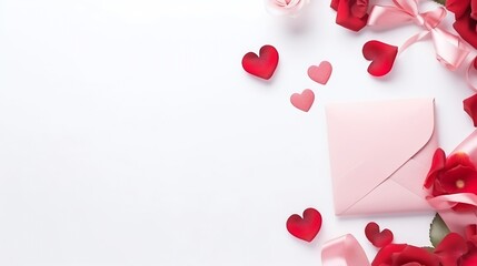 classic valentine's day background with hearts,envelope, flowers and gifts on white background. copy space. top view : Generative AI