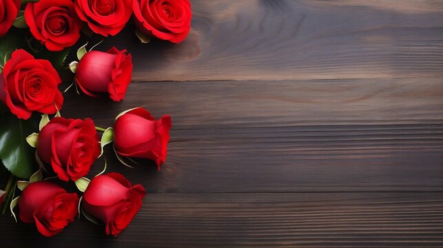 Red roses flowers with red hearts on old wooden background with place for text. Romantic Valentines holidays concept. Valentine's day greeting card. Copy space. Top view. : Generative AI