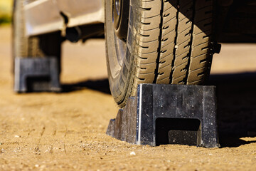 Camper leveling block in use.