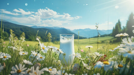 A glass of fresh milk stands in an idyllic alpine meadow filled with daisies, under a clear blue sky and radiant sunshine. - obrazy, fototapety, plakaty
