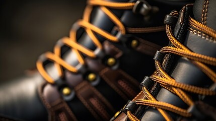 Laces on modern leather sport boots, macro shot selective focus close-up : Generative AI