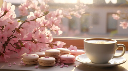 Fototapeta na wymiar A tranquil still life scene of a cup of coffee and macarons on a windowsill, alongside soft pink flowers in morning light.