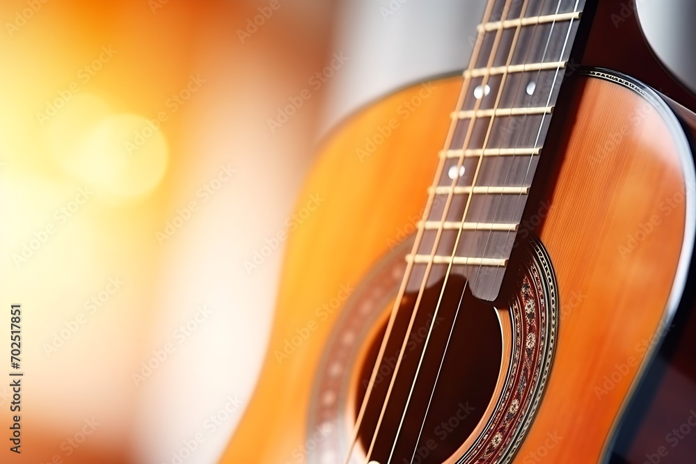 Poster musical instrument acoustic guitar with strings selective focus close-up : generative ai