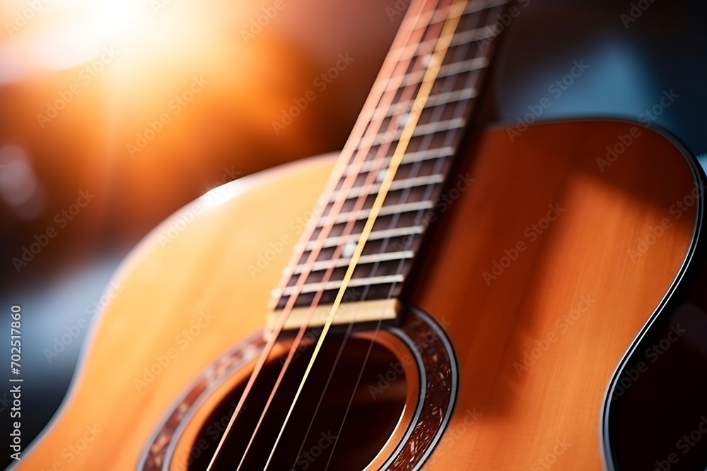 Poster musical instrument acoustic guitar with strings selective focus close-up : generative ai