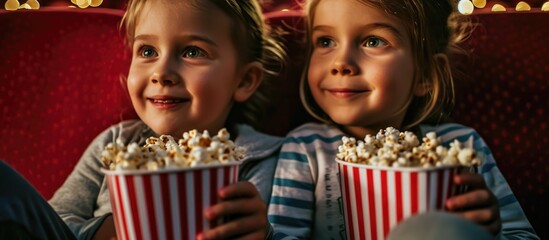 Twin preschoolers enjoying movie and popcorn at cinema - obrazy, fototapety, plakaty