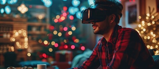 Arab male blogger reviewing VR Glasses, recording video for his tech blog at home on Christmas. Banner. - obrazy, fototapety, plakaty