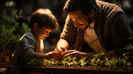 Son touching leaf of plant by father at home : Generative AI